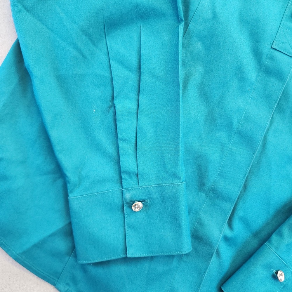 Chicos No Iron Teal Blue Button Down Shirt Rhinestone Crystal Buttons Size 1 M - Picture 7 of 13
